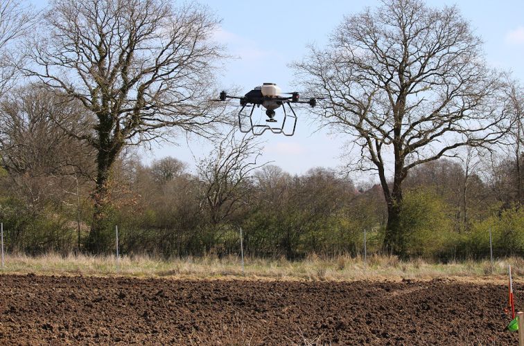 Saatdrohne fliegt über Feld